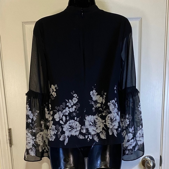 White House Black Market Chic Sheer Black Floral Blouse—bell sleeves/choker neck - Picture 4 of 9